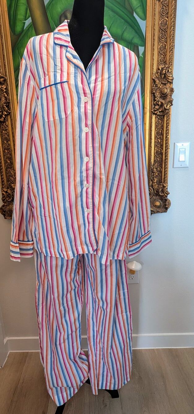 DEREK ROSE Pajama Set Women XL Striped Cotton Long Sleeve Button PJ Pants Pocket